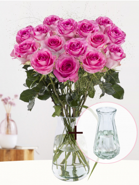 Roze rozenboeket met panicum + gratis glasvaas