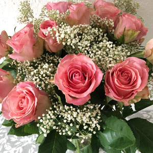15 roze rozen met gipskruid - Hermosa